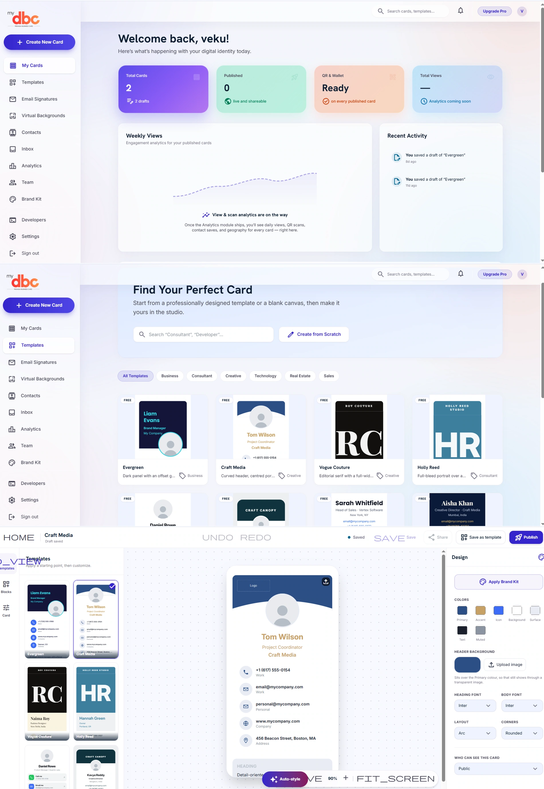 Three screens of myDBC in sequence: the dashboard with total cards, published cards, QR and wallet readiness and weekly views; the template gallery filtered by business, consultant, creative and technology; and the card studio with a live card preview and the design panel of colours, fonts, layout and corners