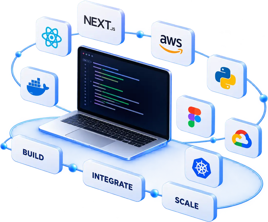 Illustration: a laptop showing code, surrounded by floating tiles for React, Next.js, AWS, Python, Docker, Figma, Google Cloud and Kubernetes, linked on a path labelled build, integrate and scale.